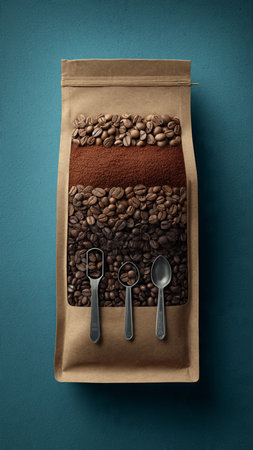 Coffee beans and ground coffee in a paper bag on blue backgroundの写真素材