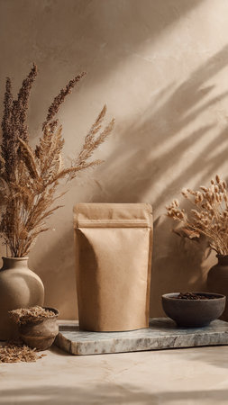 Coffee beans in a paper bag and dried flowers in a vase on a concrete backgroundの写真素材