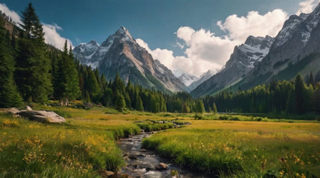 Panoramic view of alpine meadow and mountains in summerの写真素材