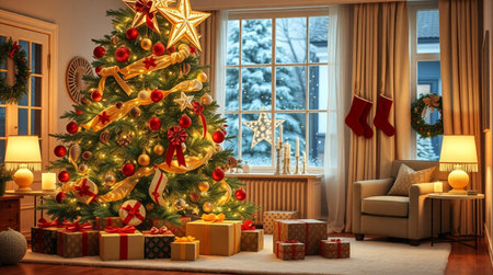 Christmas tree with presents in the living room. 3d illustration.の写真素材