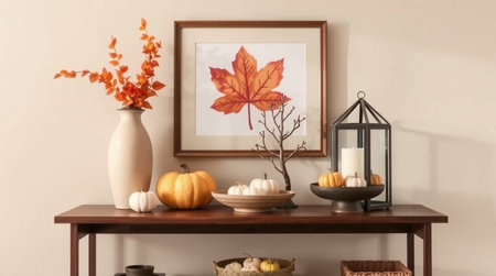 Autumn composition in scandinavian style with pumpkins, autumn leaves, candles and rustic decor on...