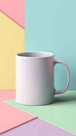 White cup on colorful pastel background. Minimal creative concept.の写真素材