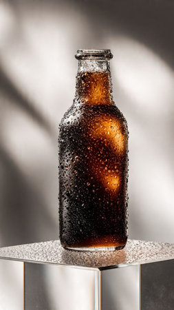 Bottle of beer with drops of water on a gray background.