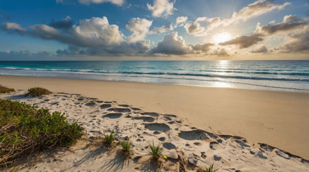 Sunset on the beach of the Caribbean island of Barbados.の写真素材