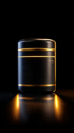 Cosmetic cream jar on a black background with a golden glow.