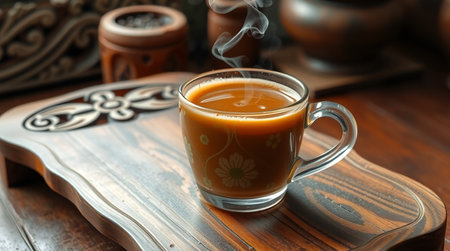 Coffee in a glass cup on a wooden table, stock photoの写真素材