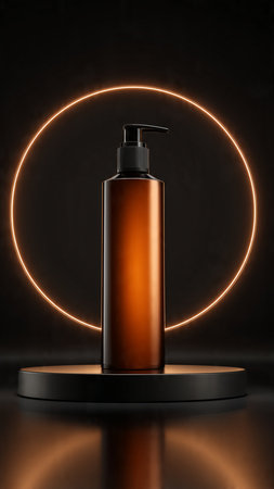 Cosmetic bottle mockup on dark background with neon lights. 3d renderingの写真素材