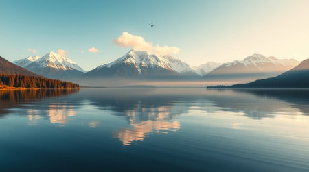 Mountains reflected in the calm waterの写真素材