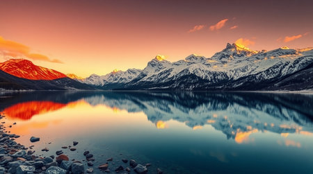 Panoramic view of snow capped mountain range reflected in calm lake.の写真素材