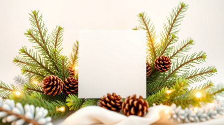 Christmas greeting card mockup with fir branches and pine cones on white backgroundの写真素材