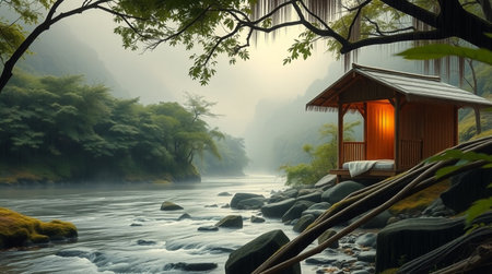 wooden house on the bank of a mountain river in the mistの写真素材