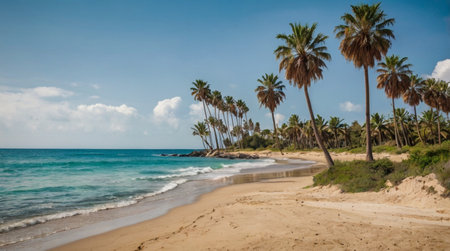 Panoramic view of a sandy beach with palm trees on a sunny dayの写真素材