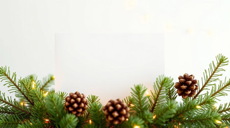 Christmas greeting card with fir branches and pine cones on a white background