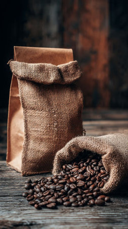Coffee beans in a burlap bag on a wooden backgroundの写真素材