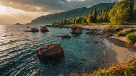 Beautiful view of the shore of Lake Baikal, Russiaの写真素材