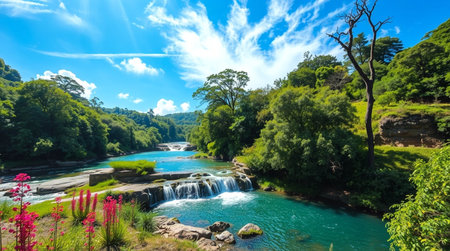 Landscape view of beautiful waterfall in tropical forest and blue sky.の写真素材