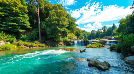 Beautiful waterfall in a tropical forest on the background of green trees and blue skyの写真素材