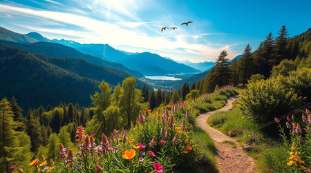 Panoramic view of the mountains with flowers and birds on the background