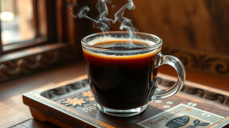 Cup of coffee with steam on wooden table, closeup viewの写真素材