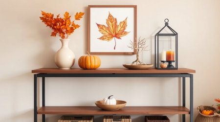 Autumn composition with pumpkins and autumn leaves on wooden shelf.の写真素材