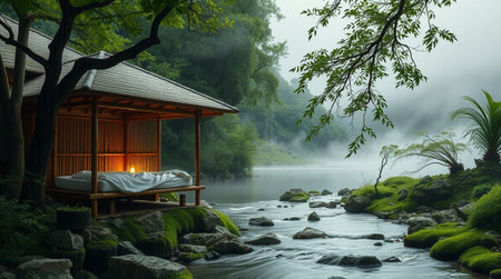 Hotel in the forest with a view of the mountain river.