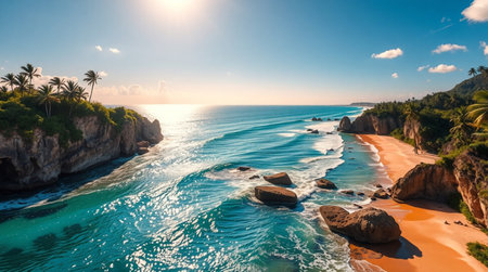 Aerial view of beautiful beach with turquoise ocean water and granite rocks on sunny day.の写真素材
