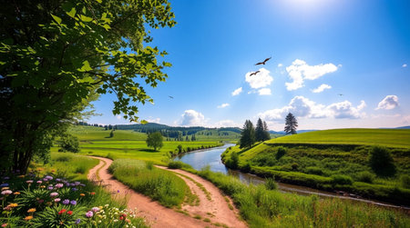 Beautiful summer landscape with green meadows, river and blue skyの写真素材