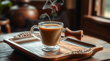 Cup of coffee on wooden table in coffee shop, stock photoの写真素材