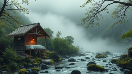 Wooden house on the bank of a mountain river in the fogの写真素材