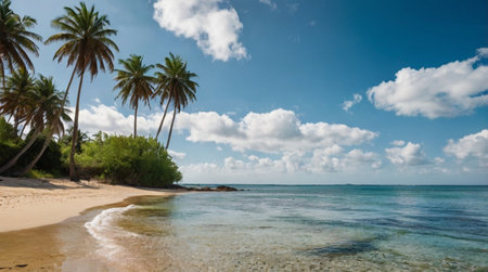 Tropical beach with palm trees and blue sky with white cloudsの写真素材