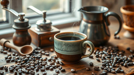 Coffee in a cup and coffee beans on a wooden tableの写真素材