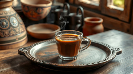 Cup of coffee on wooden table in cafe, closeup viewの写真素材