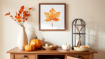 Autumn composition with pumpkins, autumn leaves in a vase, chest of drawers and decor elements
