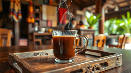 Coffee cup on wooden table in coffee shop, stock photoの写真素材