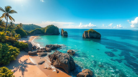 Aerial view of beautiful beach with turquoise water, granite rocks and palm trees in Seychellesの写真素材
