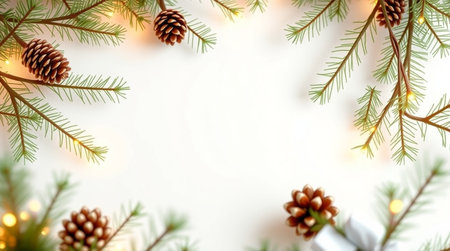 Christmas background with fir tree branches, pine cones and garland lights. Flat lay, top view, copy...