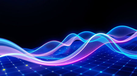 3d rendering of abstract digital wave with glowing particles. Futuristic technology background.の写真素材