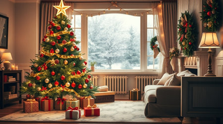 Christmas tree with presents in luxurious living room at home. Interior design.の写真素材