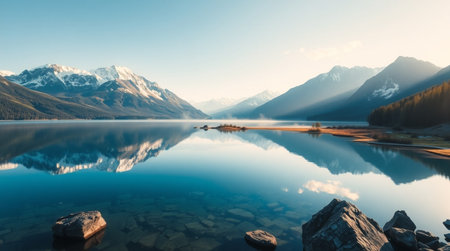 Mountains reflected in the calm waters of a lakeの写真素材