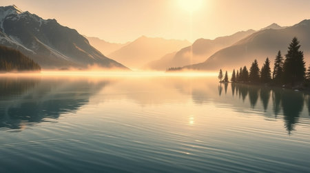 Sunrise over a mountain lake with reflection in the water. Switzerlandの写真素材