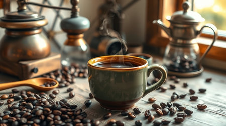 Cup of hot coffee with beans on wooden table, closeupの写真素材