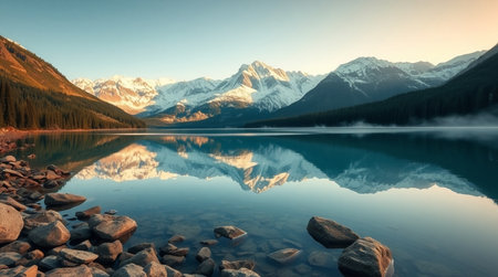 Mountains reflected in the lake. Canadian Rockies, Alberta, Canadaの写真素材