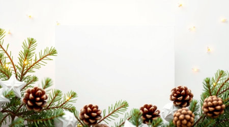 Christmas greeting card mockup with fir branches and pine cones on white background with copy space.の写真素材
