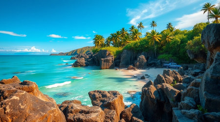 Tropical beach with palm trees, rocks and turquoise water