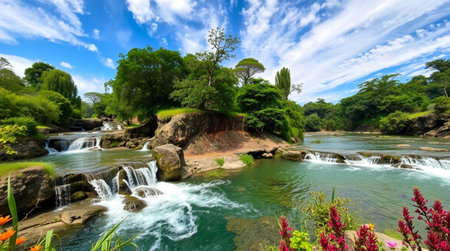 Panoramic view of beautiful waterfall in tropical jungle, Thailand.の写真素材