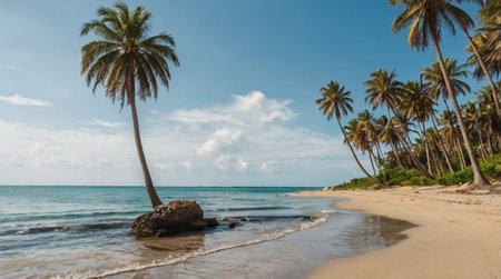 Beautiful tropical beach with palm trees, blue sky and white sandの写真素材