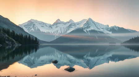 Mountains reflected in the lake at sunrise, Jasper National Park, Alberta, Canadaの写真素材