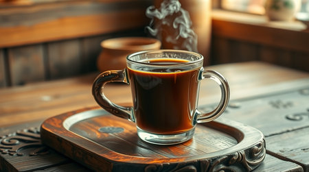 Cup of coffee on wooden tray in coffee shop, closeupの写真素材