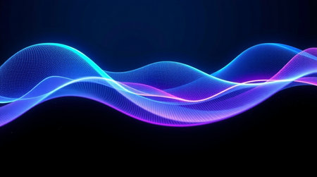 abstract blue and purple wave line with particles on a dark background