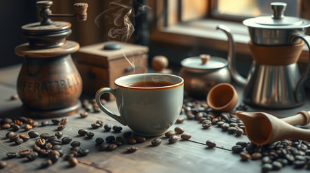 Coffee cup and coffee beans on a wooden background. Vintage style.の写真素材